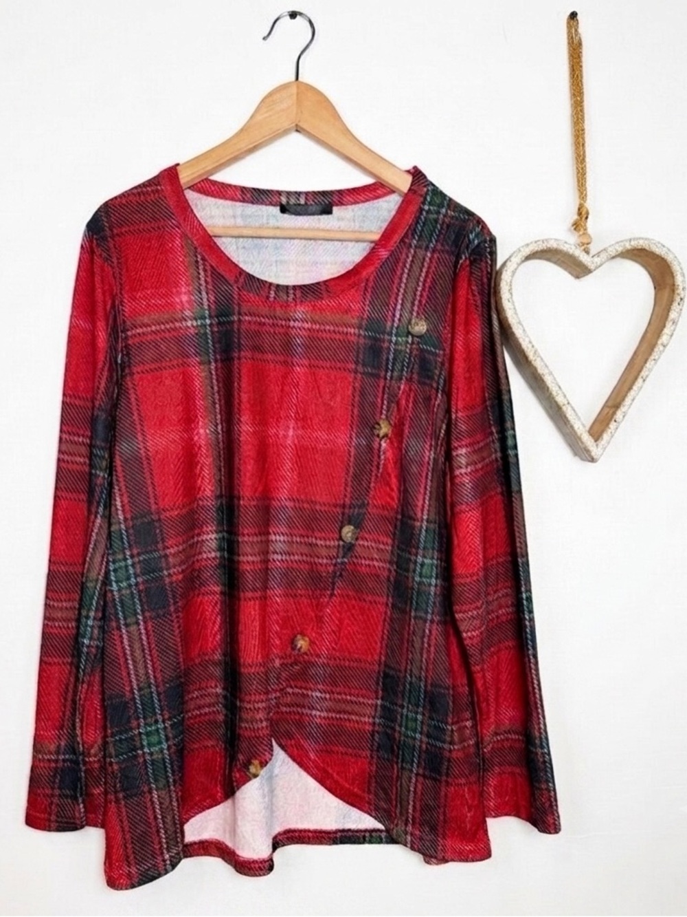 Love U Dear Asymmetric Long Sleeve Grunge Chic 90s Revival Blouse 1XL Plaid Red